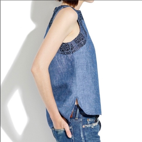 Madewell Indigo Linen Embroidered Denim Tank - S - Picture 2 of 7